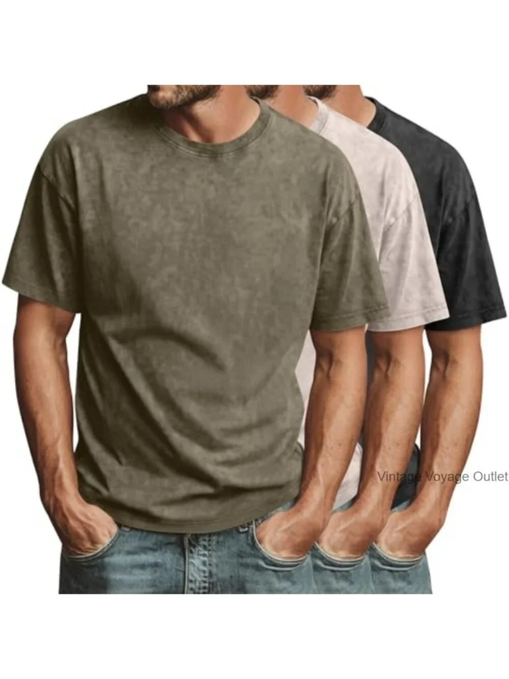 3 Pack Men's Oversize Cotton Acid Wash Tees Crew Neck Short Sleeve Vintage